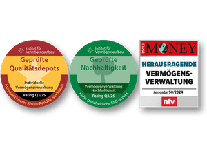 Institut für Vermögensaufbau "Geprüftes Qualitätsdepot" & "Geprüfte Nachhaltigkeit", Focus Money "Herausragende Vermögensverwaltung"