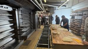 Bäcker in einer Bäckerei verarbeiten Teig zu Broten. Auf einem Tisch liegen bereits grob vorgeformte Brotteige.