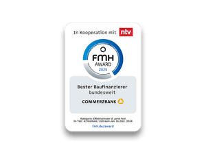 Die Commerzbank wurde auf dem 17. FMH-Award für die „Besten Konditionen bei 15 Jahre Zinsbindung“ als bundesweit Bester Baufinanzierer ausgezeichnet. 