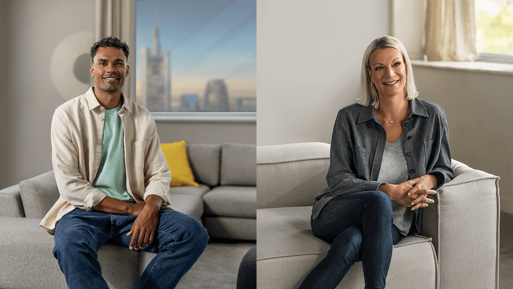 Collage von Maria Höfl-Riesch und Oscar da Silva, erfolgreicher Basketballspieler. Beide sitzen bequem jeweils auf einer Couch.