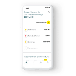 Animation der Startseite der Mobile Banking App. Dort sehen Sie in der Finanzübersicht sowohl Ihren Gesamtsaldo als auch den Saldo einzelner Konten, Karten und Ihres Depots.