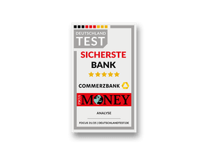 Das gezeigte Siegel von Focus Money zeichnet die Commerzbank als die sicherste Bank aus. Ausgabe 31/25